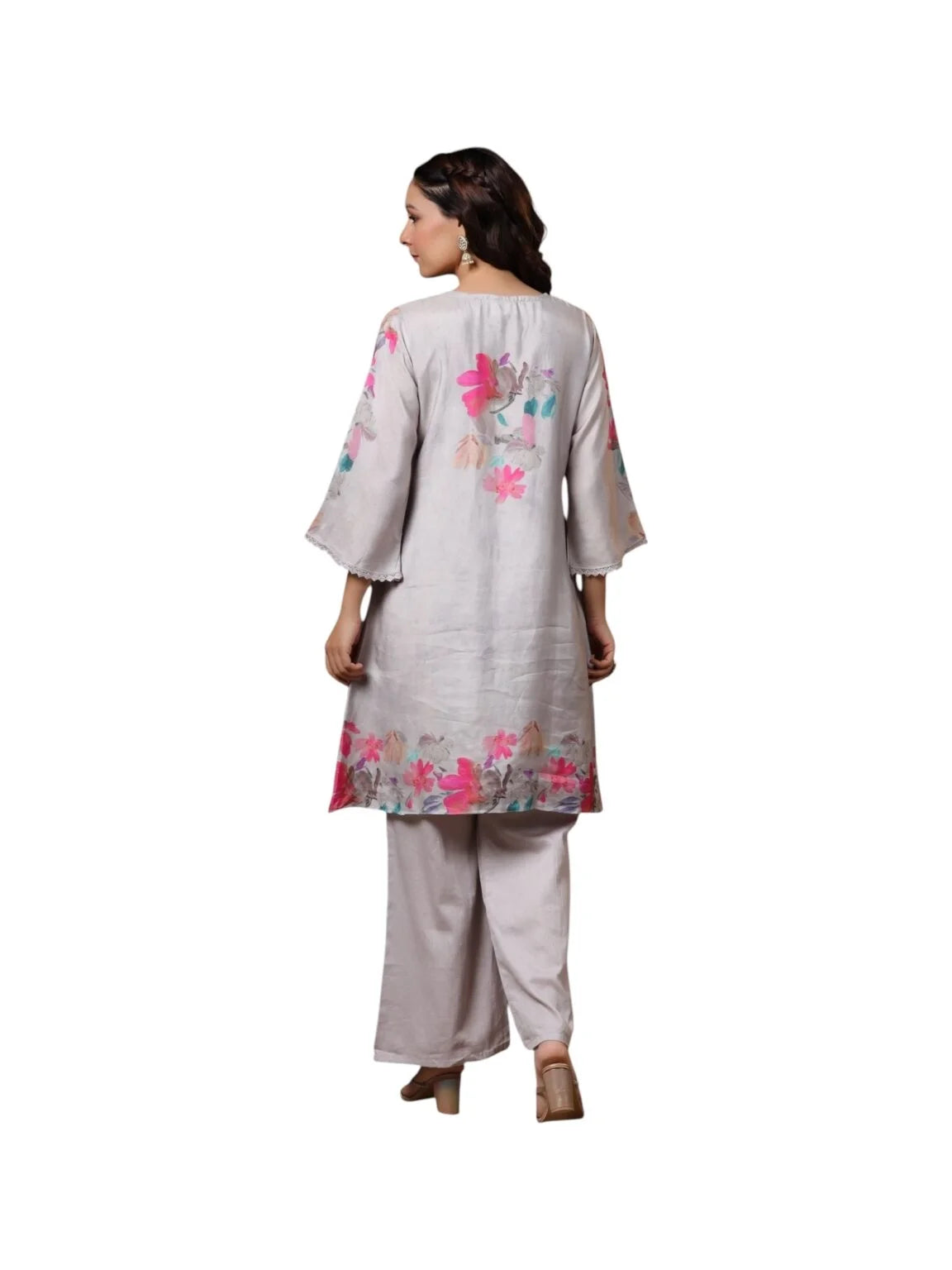 Grey Crepe Kurta Set with Mirror & Thread Embroidery and Floral Prints