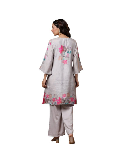 Grey Crepe Kurta Set with Mirror & Thread Embroidery and Floral Prints
