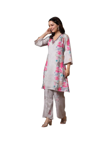 Grey Crepe Kurta Set with Mirror & Thread Embroidery and Floral Prints