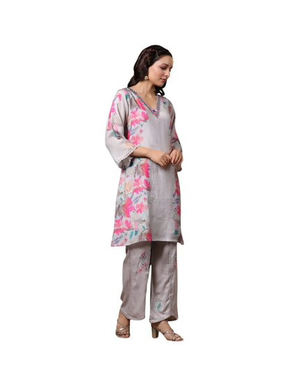 Grey Crepe Kurta Set with Mirror & Thread Embroidery and Floral Prints