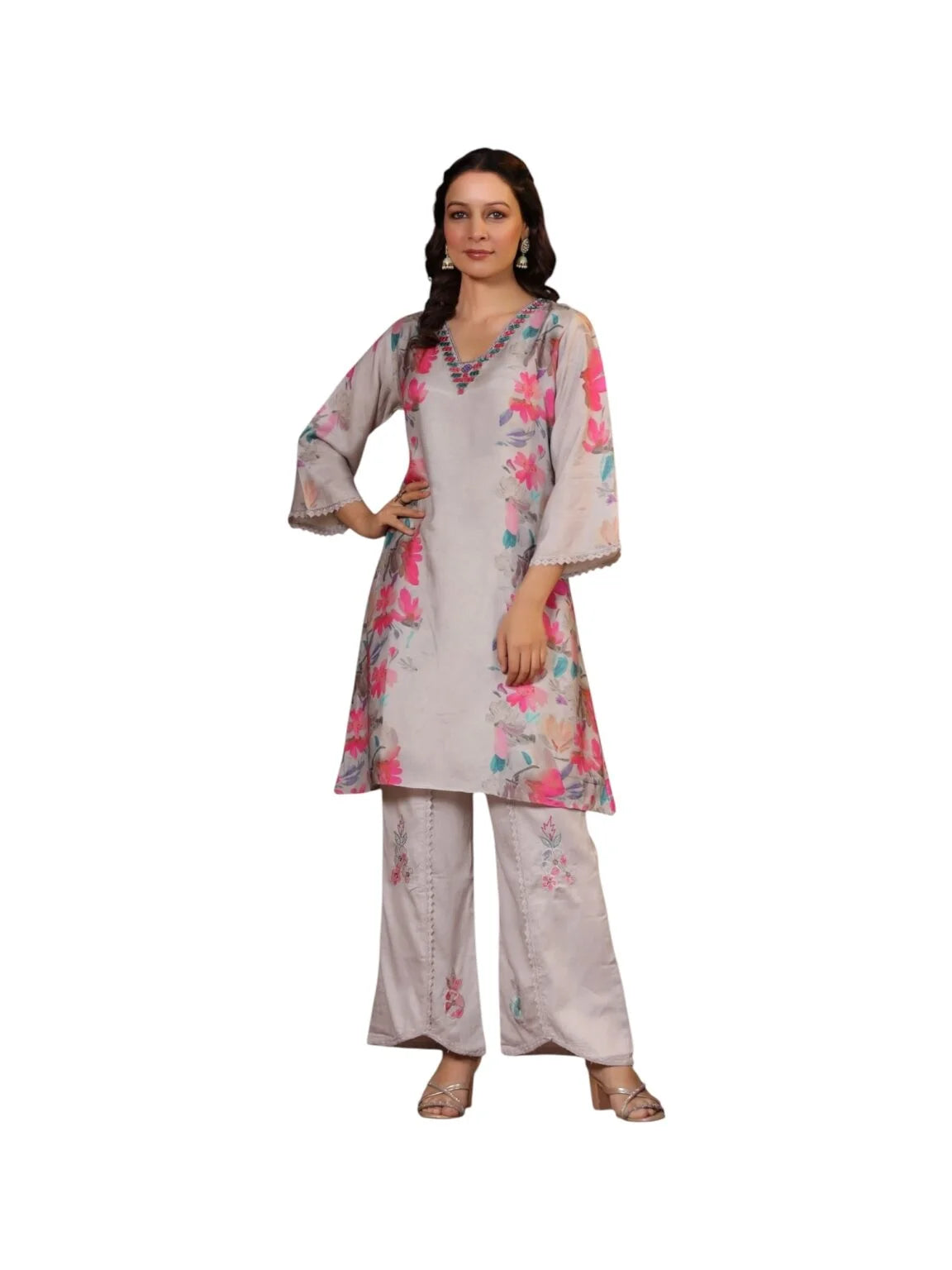 Grey Crepe Kurta Set with Mirror & Thread Embroidery and Floral Prints