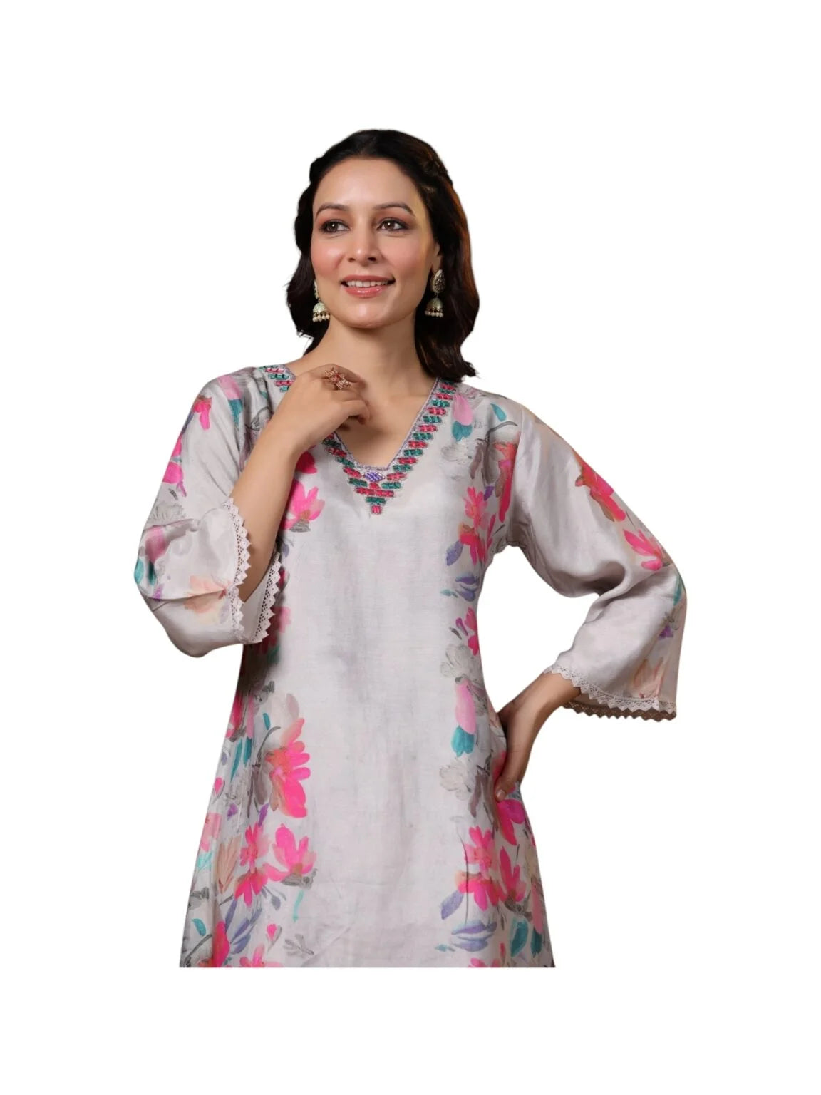 Grey Crepe Kurta Set with Mirror & Thread Embroidery and Floral Prints