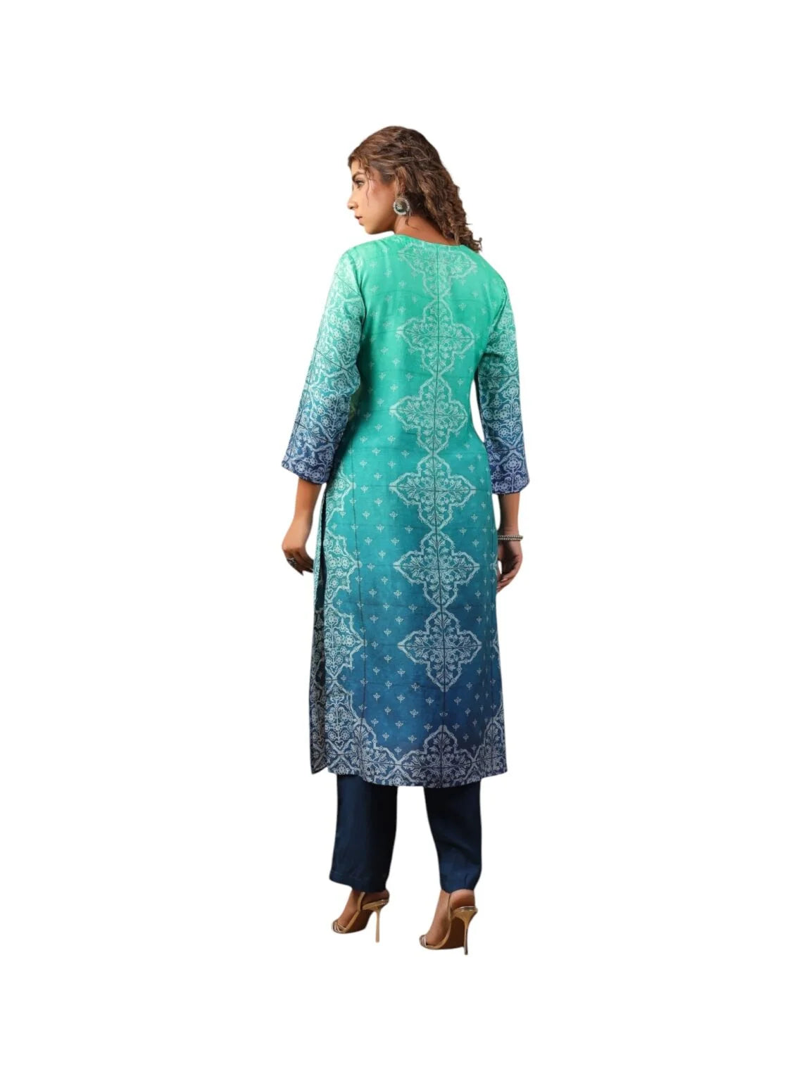 Green Crepe Kurta Set with Blue Bottom & Embellished Dupatta