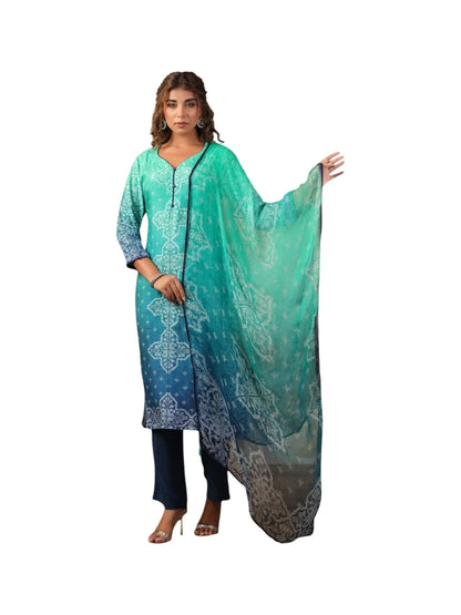 Green Crepe Kurta Set with Blue Bottom & Embellished Dupatta