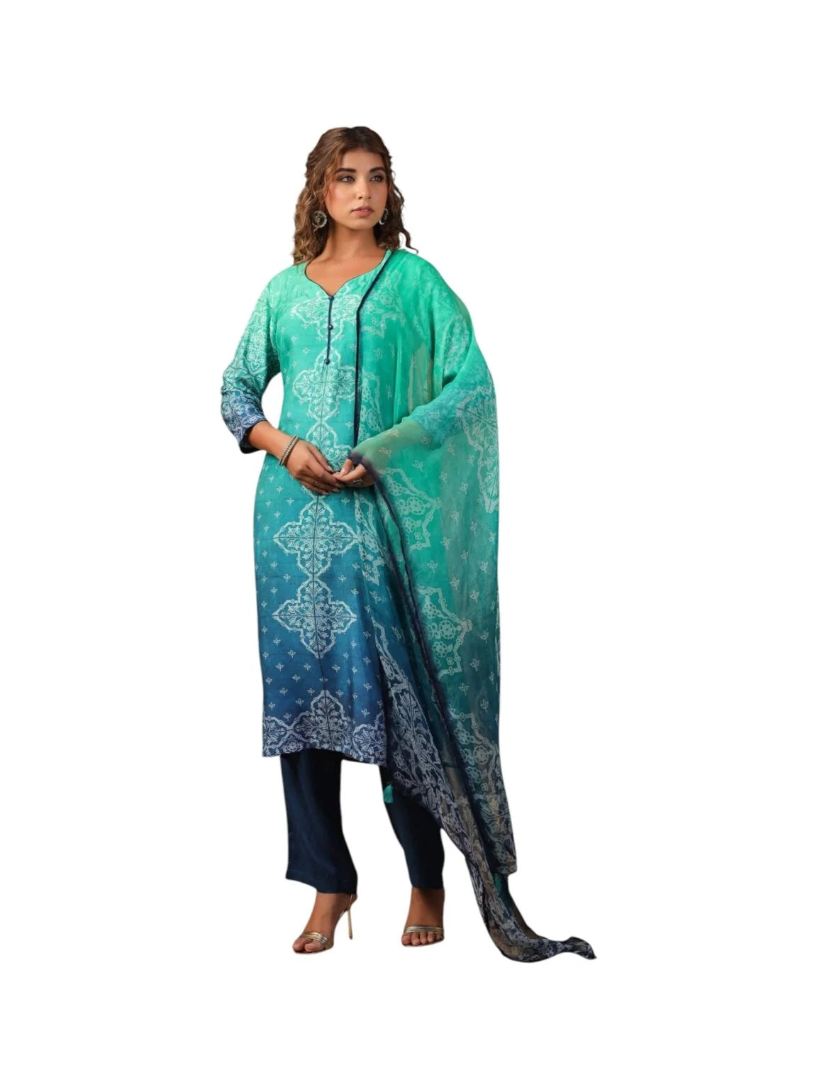 Green Crepe Kurta Set with Blue Bottom & Embellished Dupatta