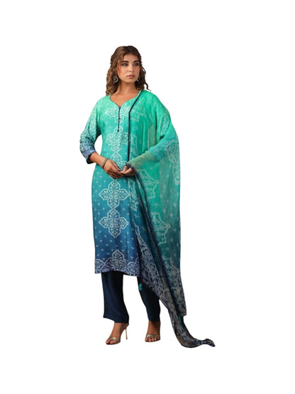 Green Crepe Kurta Set with Blue Bottom & Embellished Dupatta