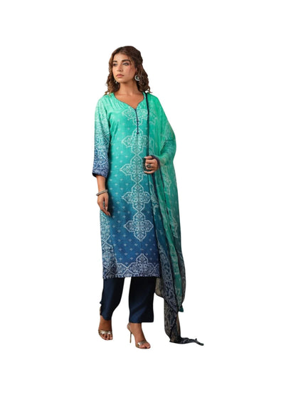 Green Crepe Kurta Set with Blue Bottom & Embellished Dupatta
