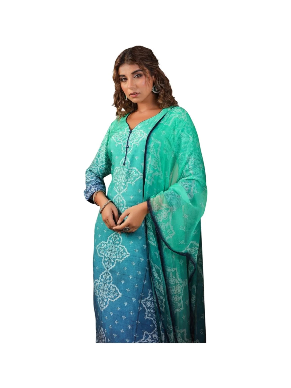 Green Crepe Kurta Set with Blue Bottom & Embellished Dupatta