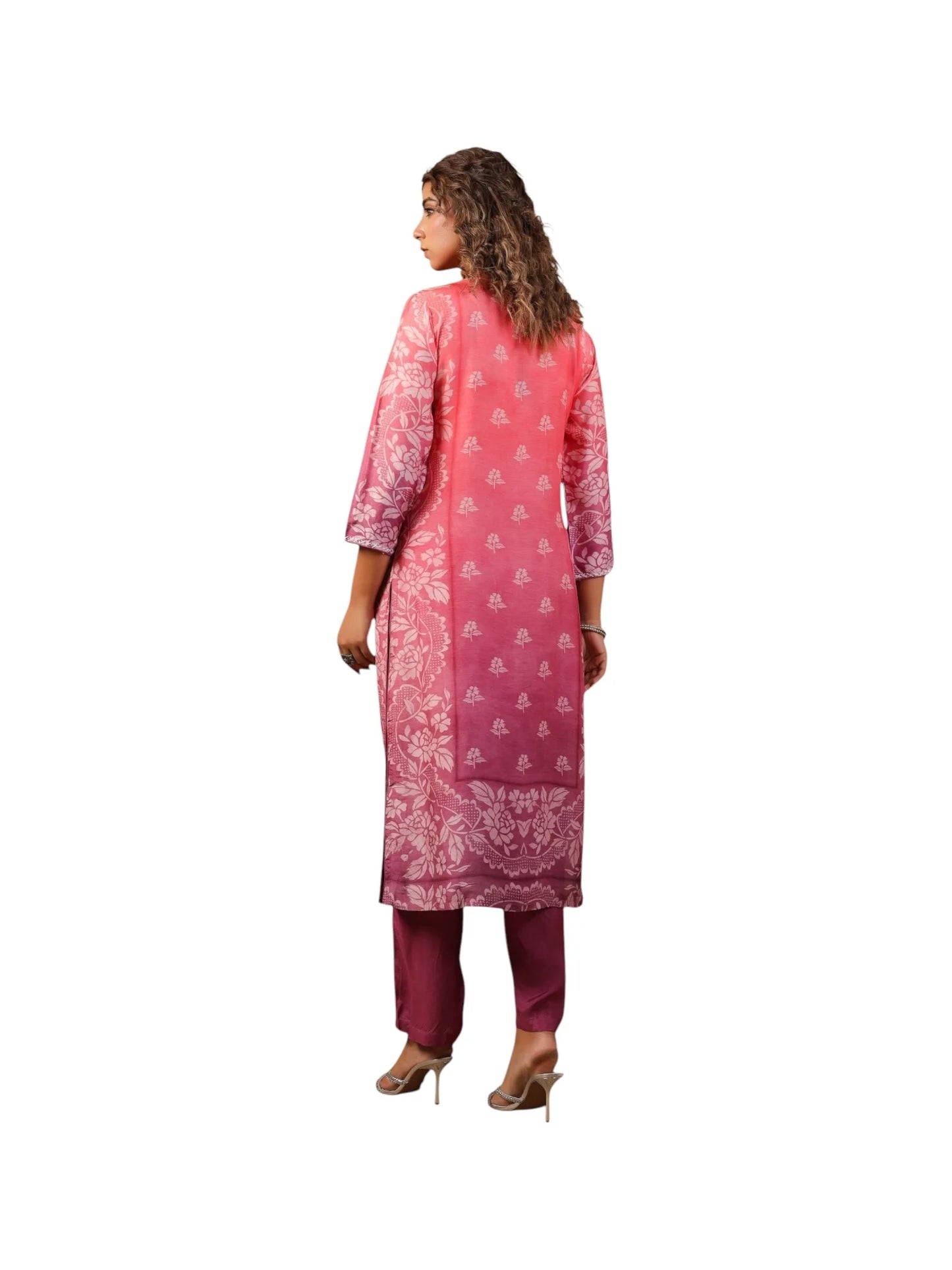 Pink Muslin Kurta Set with Purple Bottom & Embellished Dupatta