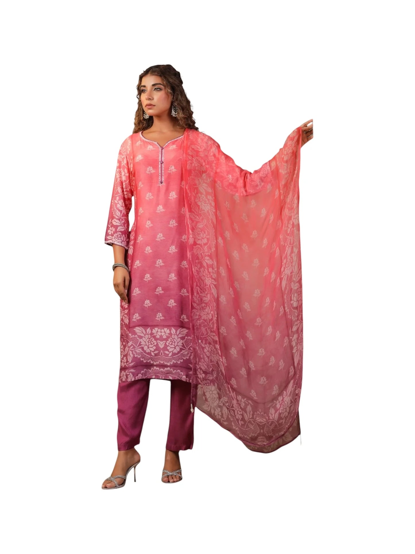 Pink Muslin Kurta Set with Purple Bottom & Embellished Dupatta