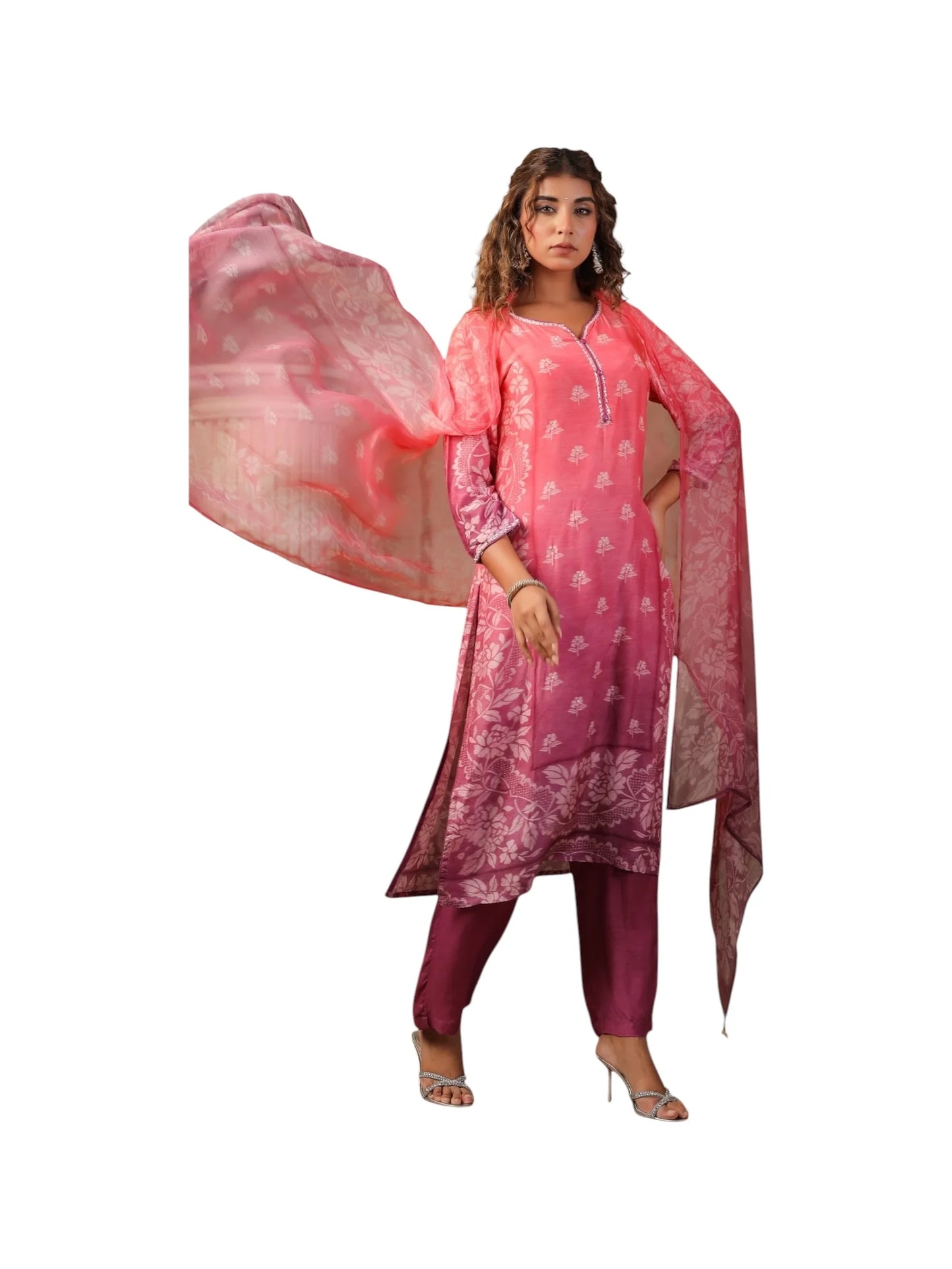 Pink Muslin Kurta Set with Purple Bottom & Embellished Dupatta