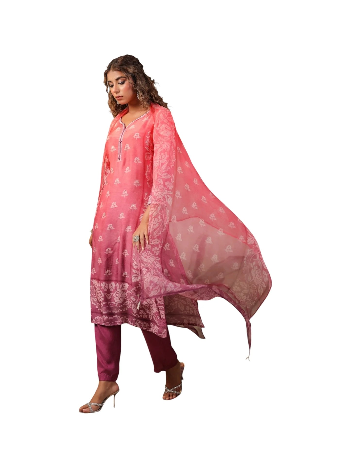Pink Muslin Kurta Set with Purple Bottom & Embellished Dupatta