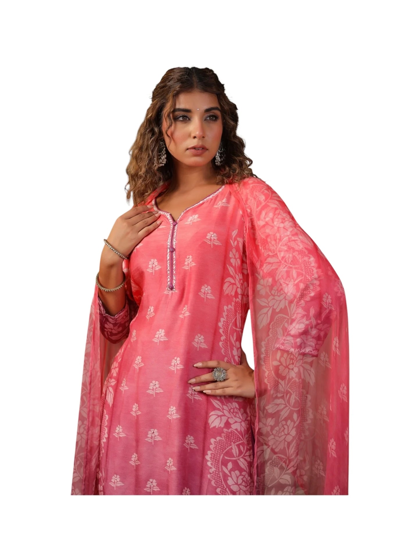 Pink Muslin Kurta Set with Purple Bottom & Embellished Dupatta