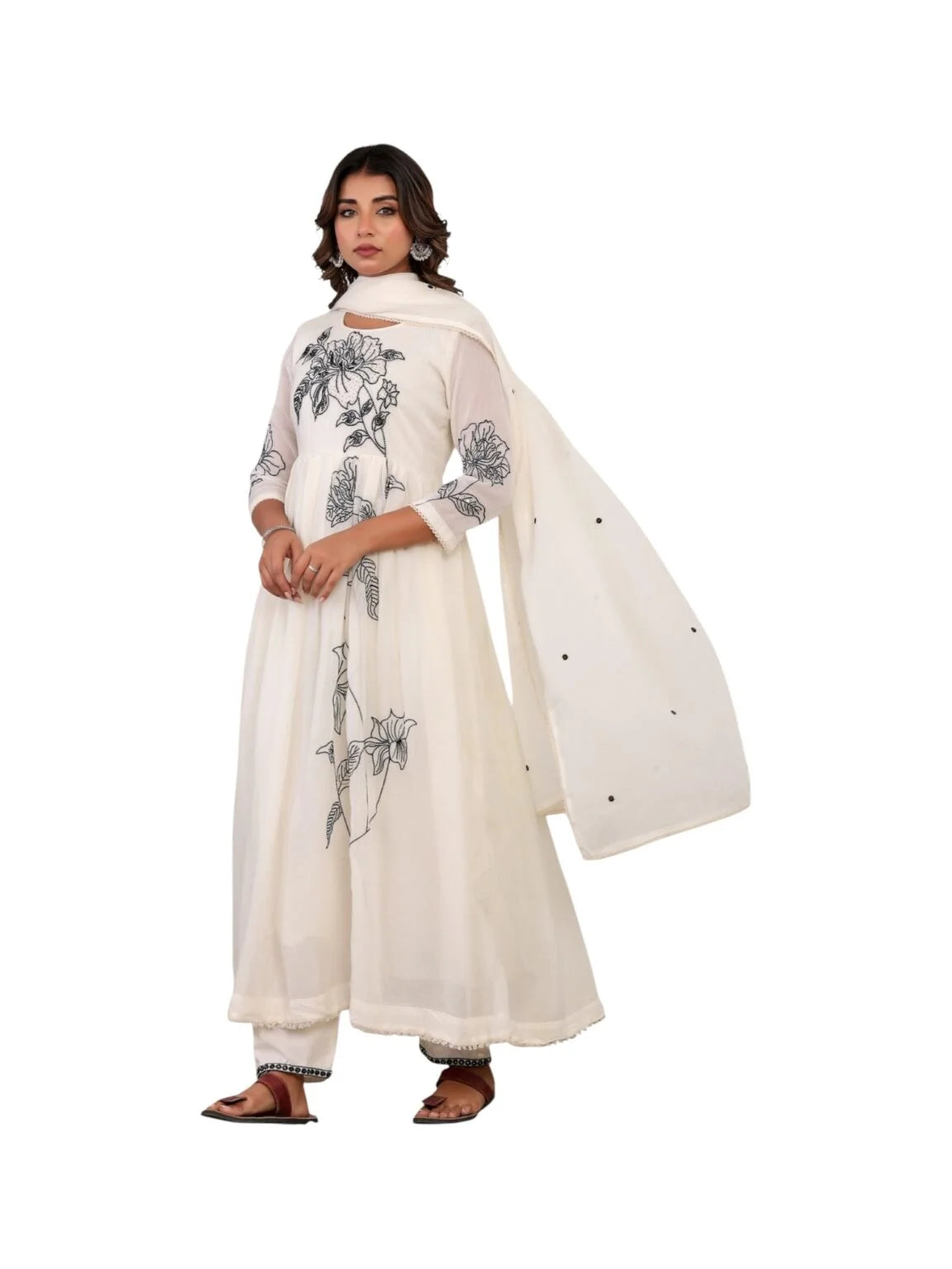 Ethereal White Elegance: Embroidered Cotton Kurta Set