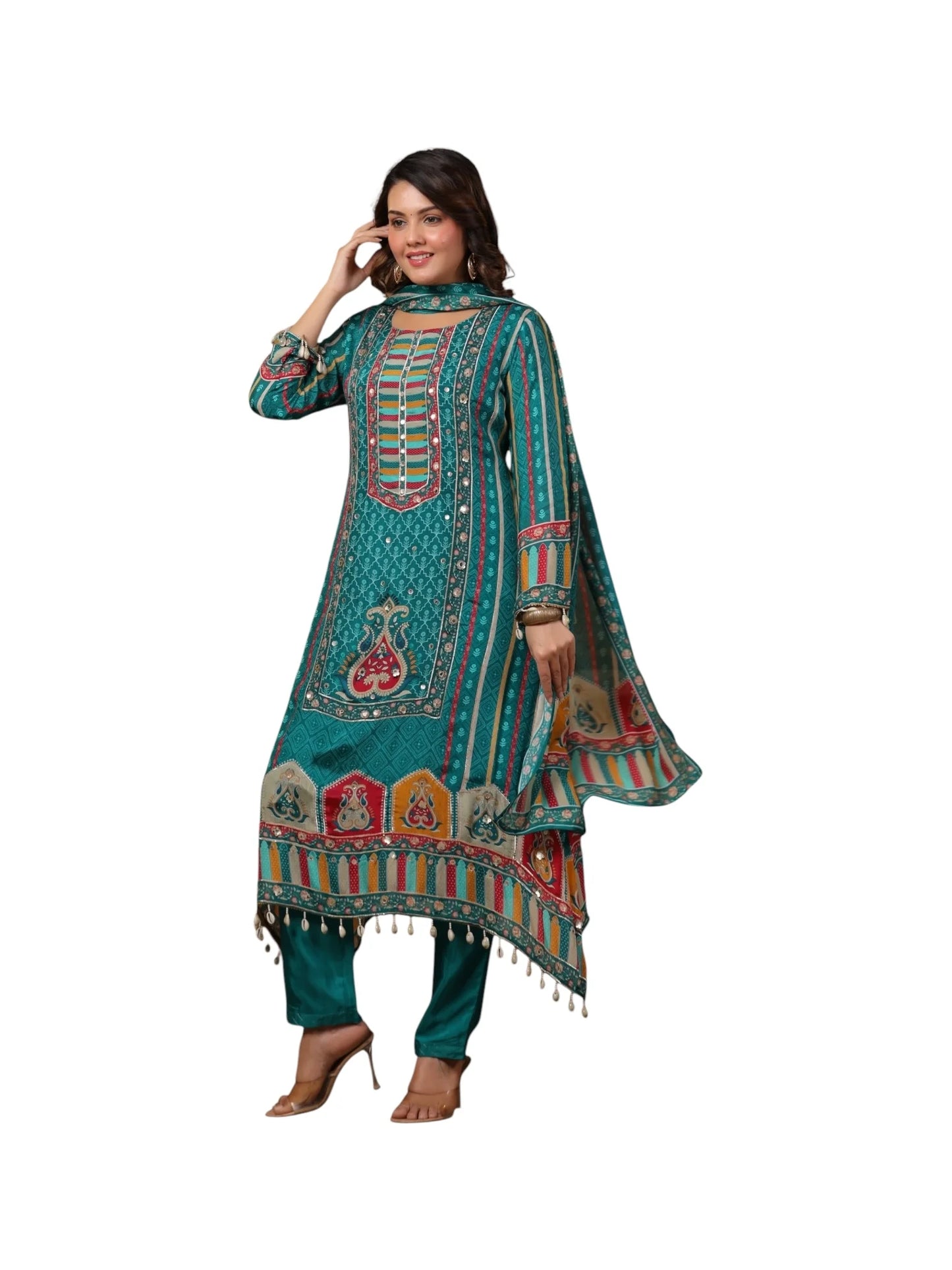Green Georgette & Cotton Kurta Set