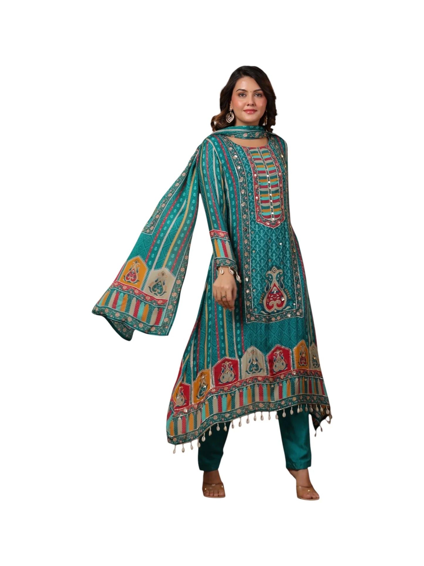 Green Georgette & Cotton Kurta Set