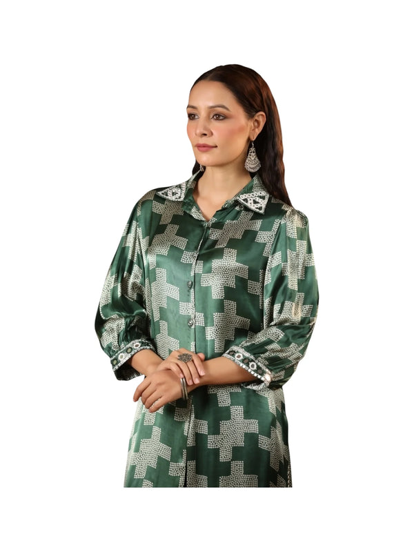 Green Satin Silk Kurta Set