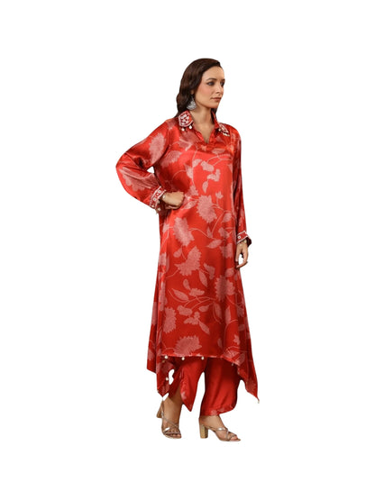 Red Satin Silk Kurta Set