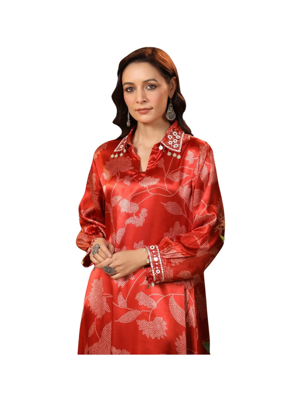 Red Satin Silk Kurta Set