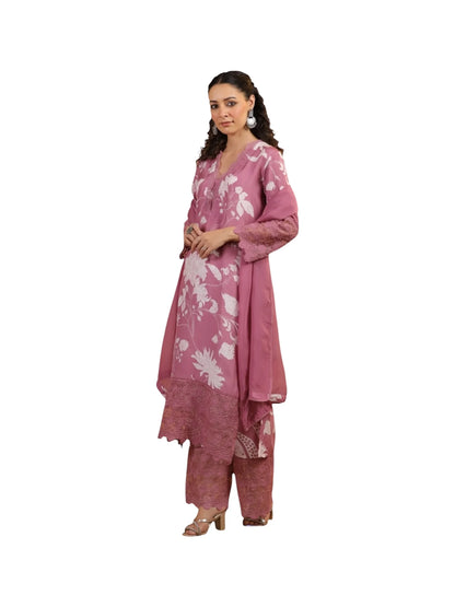 Pink Satin Printed Silk Kurta Set