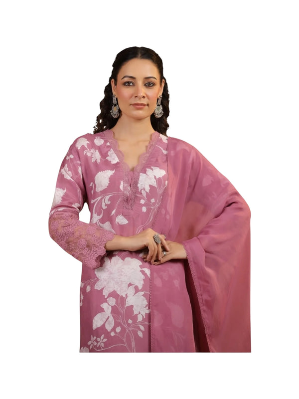 Pink Satin Printed Silk Kurta Set