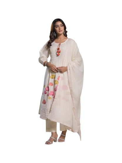 White Cotton Kurta Set with Thread Work & Pearl Detailing