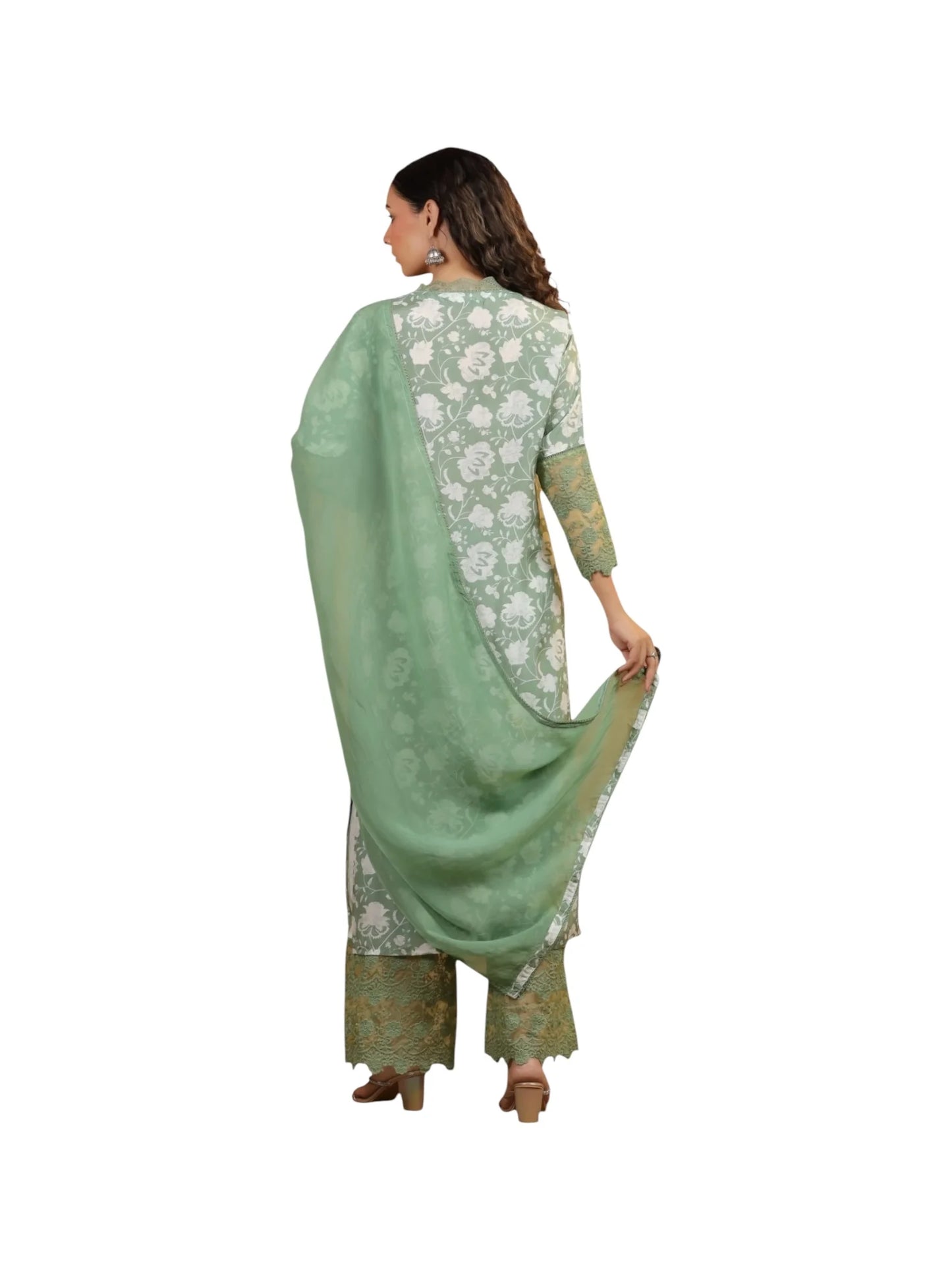Green Satin Silk Kurta Set with Organza Dupatta