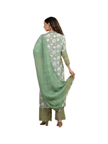 Green Satin Silk Kurta Set with Organza Dupatta