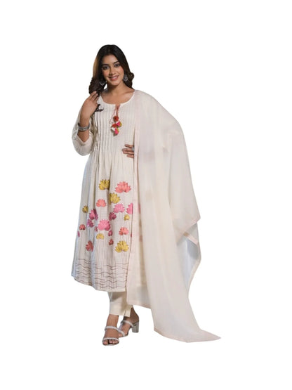 White Cotton Kurta Set with Thread Work & Pearl Detailing