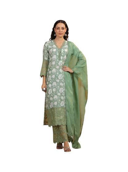 Green Satin Silk Kurta Set with Organza Dupatta