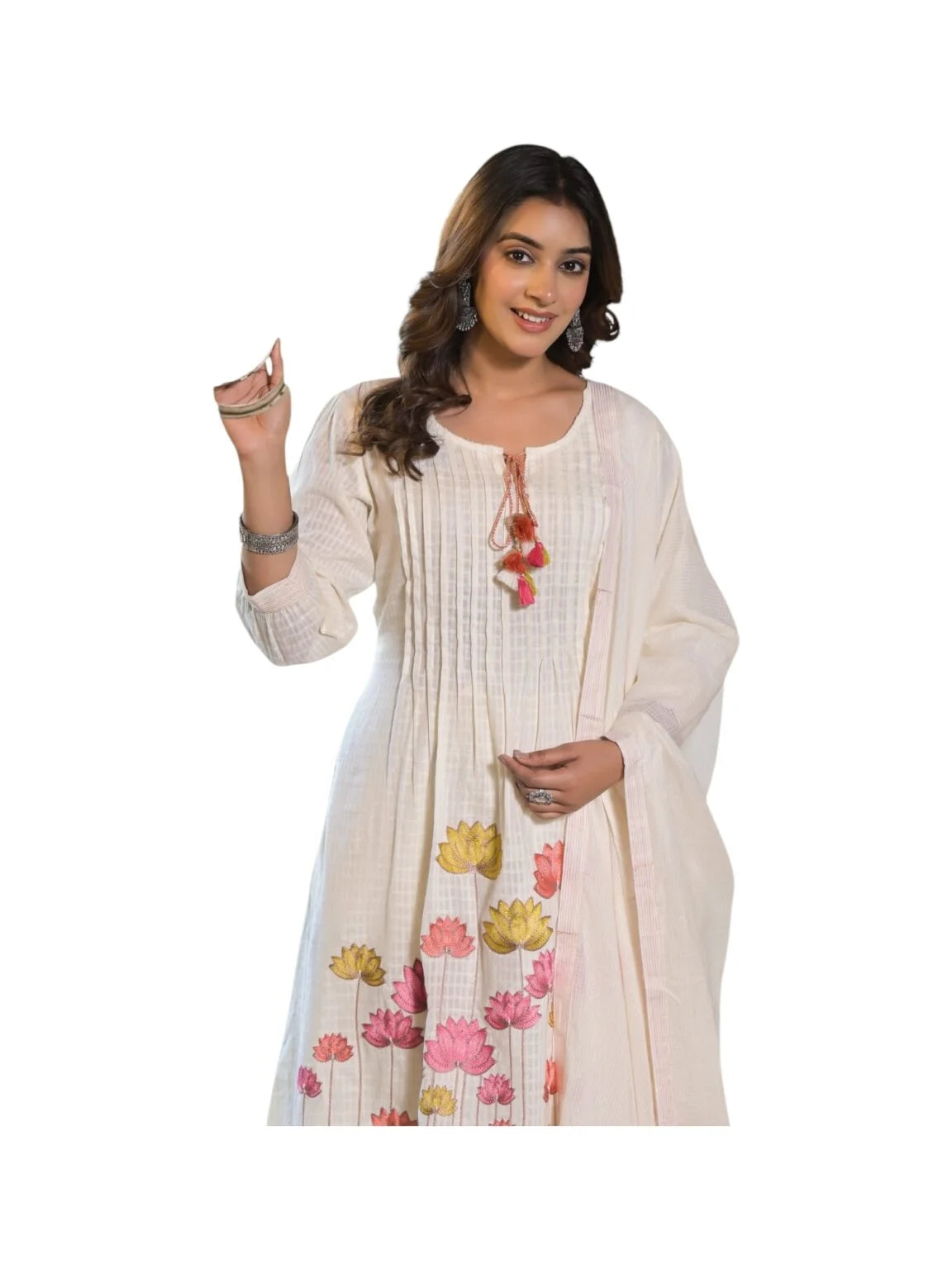 White Cotton Kurta Set with Thread Work & Pearl Detailing