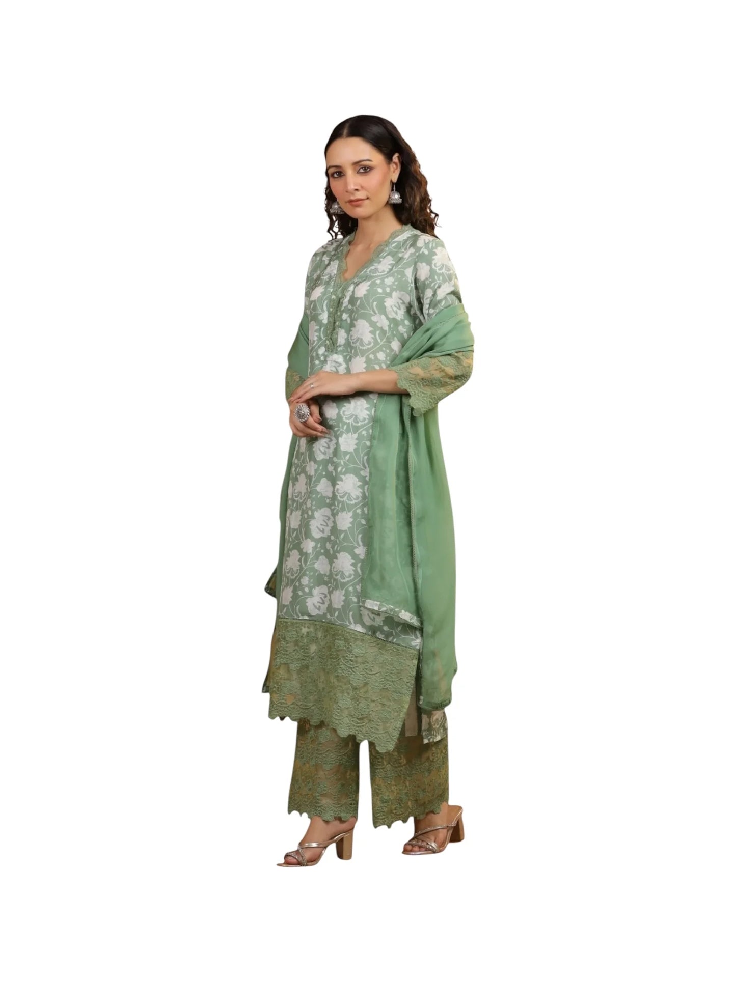 Green Satin Silk Kurta Set with Organza Dupatta