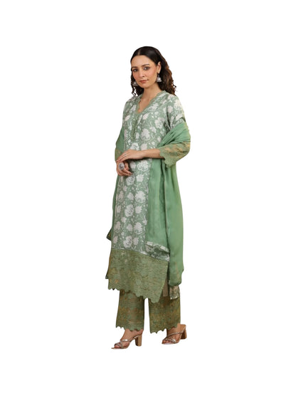 Green Satin Silk Kurta Set with Organza Dupatta