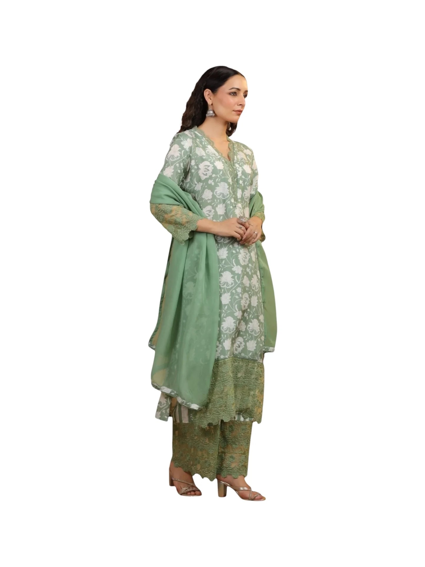 Green Satin Silk Kurta Set with Organza Dupatta