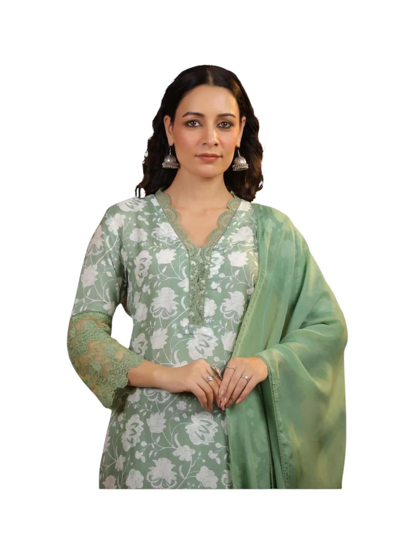 Green Satin Silk Kurta Set with Organza Dupatta