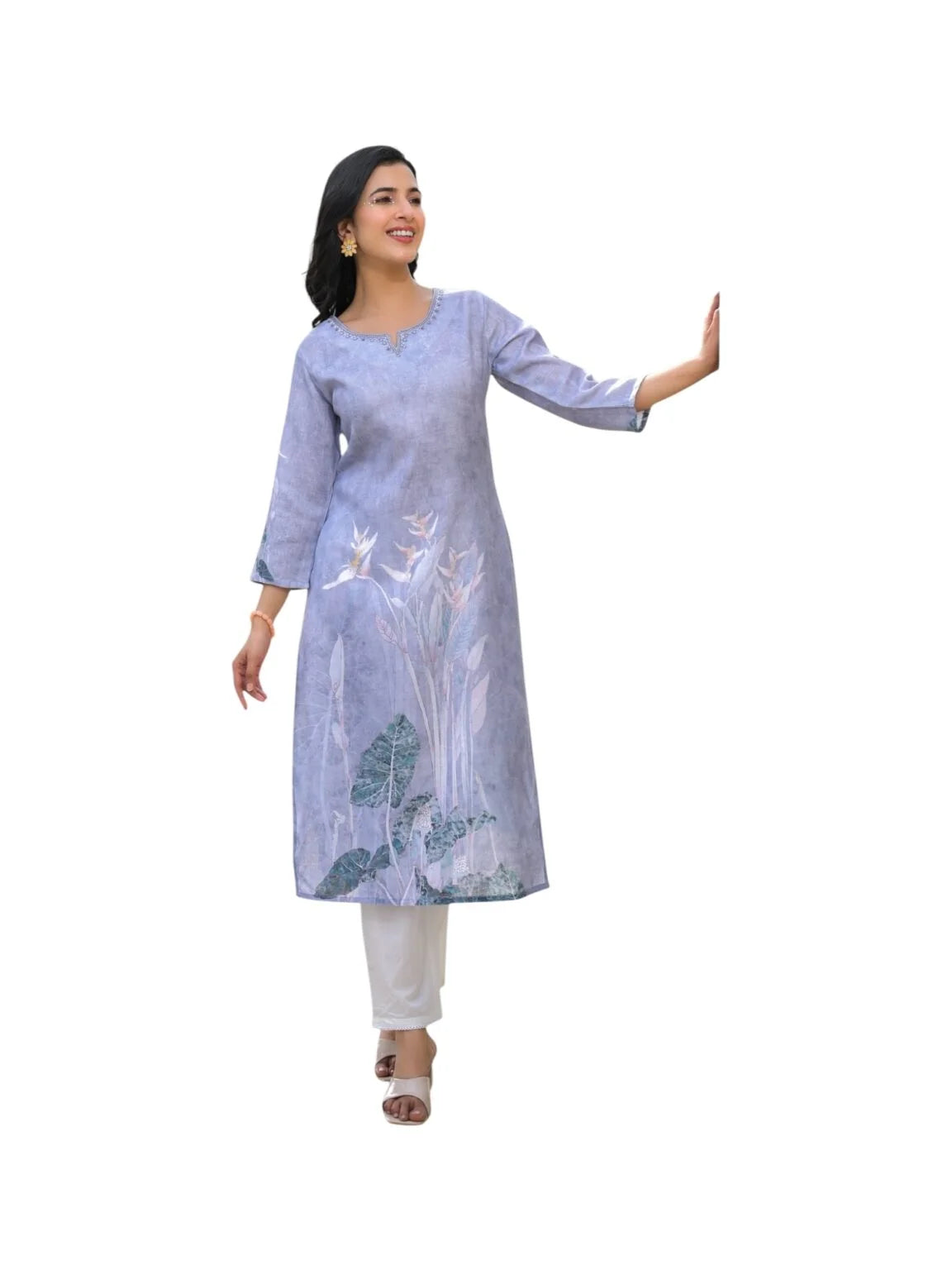 Grey Cotton Kurta with Sequin & Thread Embellishment