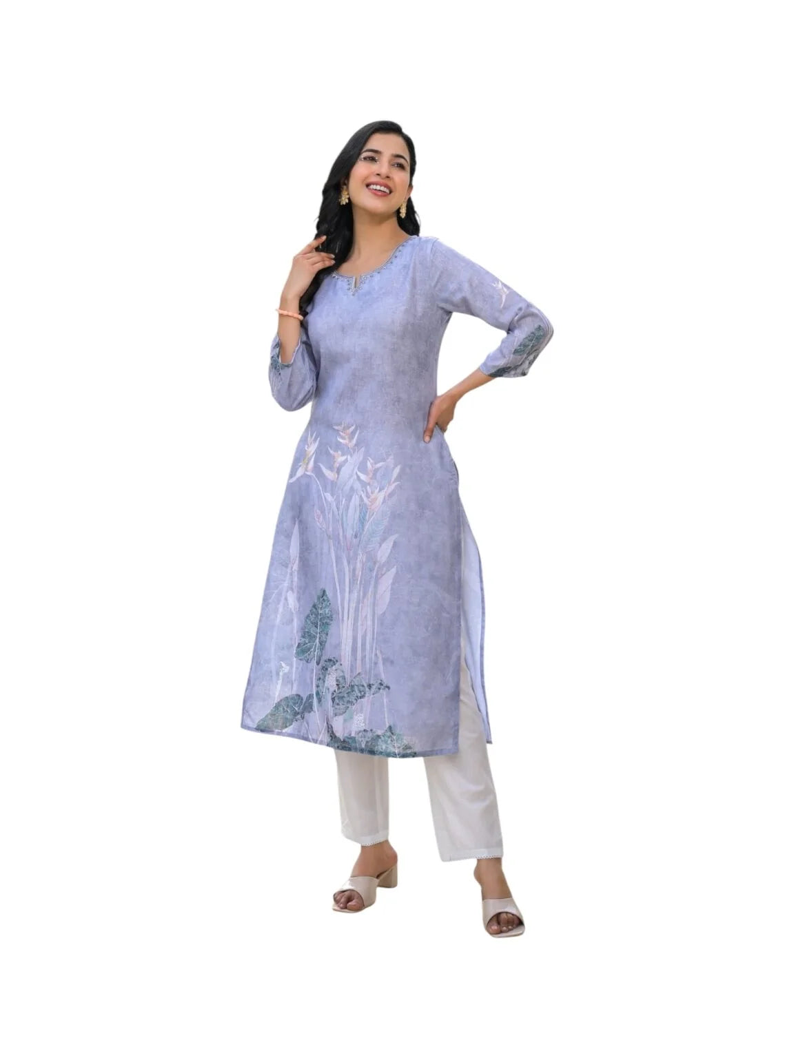 Grey Cotton Kurta with Sequin & Thread Embellishment