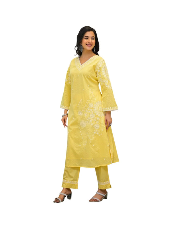 Yellow Cotton Kurta Set with Elegant Threadwork