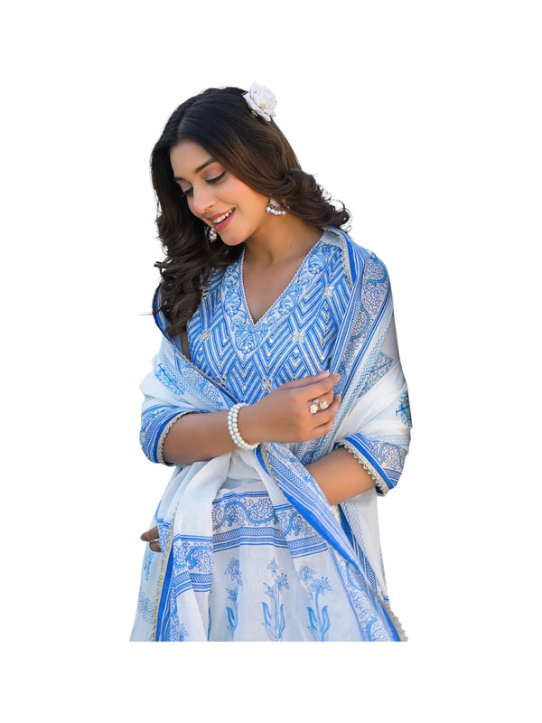 Blue & White Cotton Kurta Set with Abla, Zari & Thread Embellishments