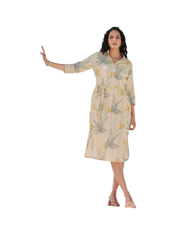 Beige Cotton Printed Kurta with Subtle Nature-Inspired Motifs