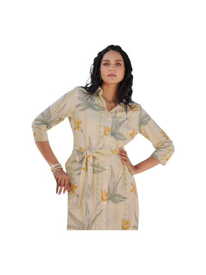Beige Cotton Printed Kurta with Subtle Nature-Inspired Motifs