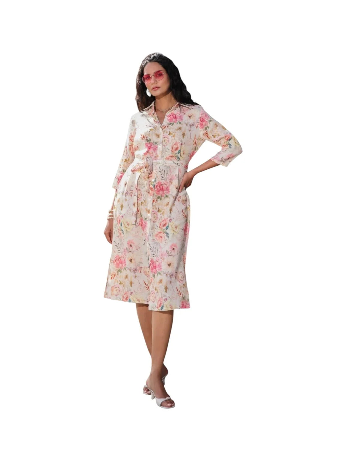 Beige Cotton Kurta with Soft Floral Prints