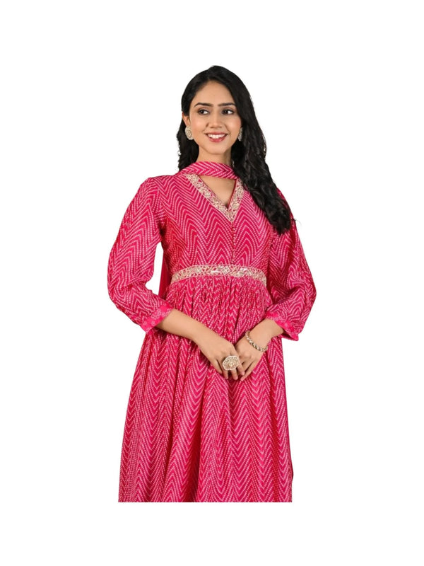 Pink Crepe Bandhej Kurta Set with Sequins & Pearl Detailing