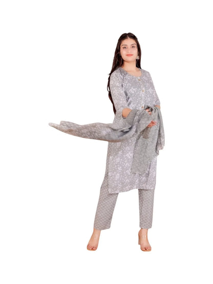Grey Cotton Printed Kurta Set for Everyday Comfort