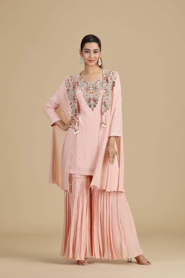 Pink Chinnon Kurta Set with Sequins & Thread Work