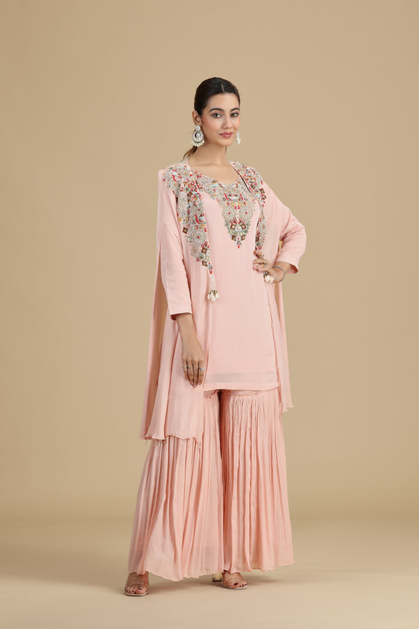 Pink Chinnon Kurta Set with Sequins & Thread Work