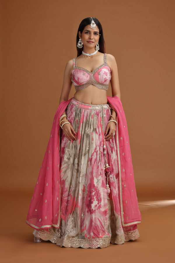 Pink Chinnon Lehenga Set with Organza Dupatta & Zari Zardosi Work