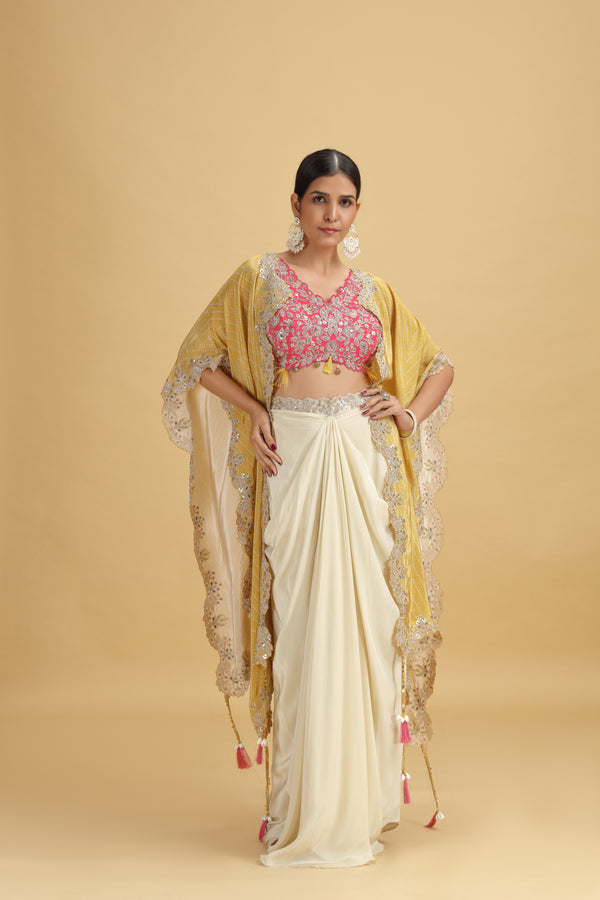 Pink Crepe Suit Set with Mustard Yellow Dupatta & Heavy Hand Work