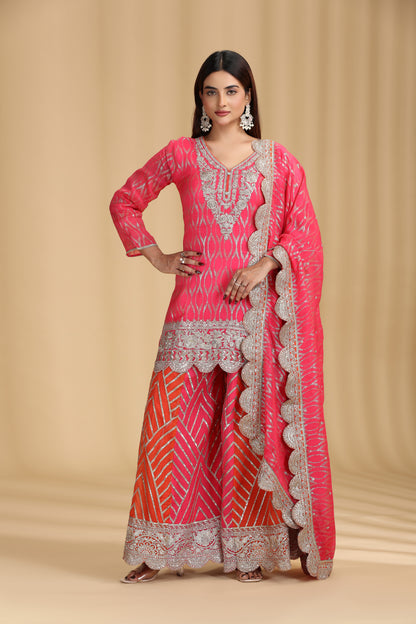 pink georgette suit set with sequins and zari work