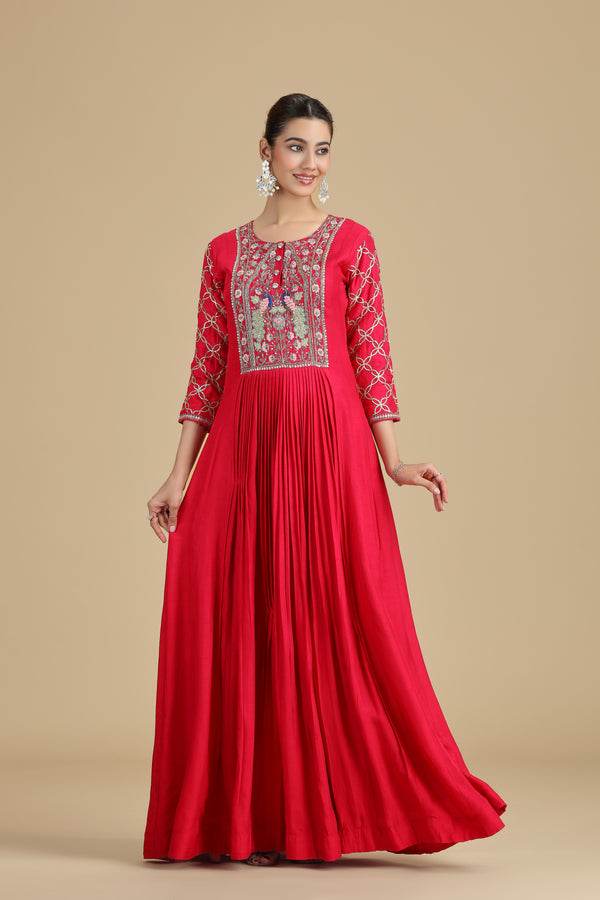 Elegant Pink Raw Silk Kurta Set with Thread Work & Pearls